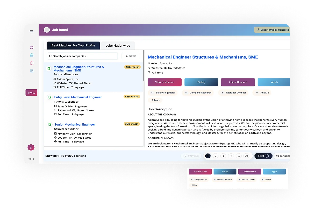 Job board interface displaying job listings for Mechanical Engineer positions, featuring match percentages, company details, and options for evaluation, dialogue, resume adjustment, and application.